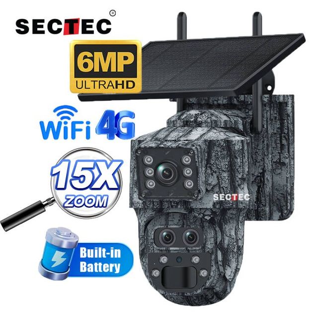 SECTEC Camouflage Color 15X Zoom Solar Battery PTZ Camera 4G HD 6MP Low Power Outdoor Waterproof  Color Night Vision Camera
