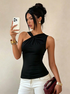 T-shirt sans manches à épaules torsadées pour femmes, style européen et américain, avec taille plissée et couleur unie. - Product Image 6