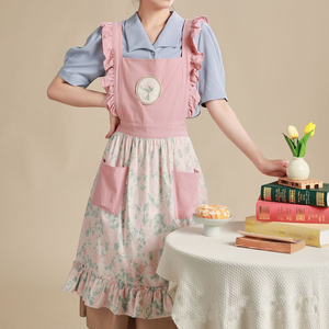 DUOLAI Vintage Floral dos bolsillos uso doméstico hornear algodón Lino <span class=keywords><strong>falda</strong></span> espalda cruzada mujeres delantales Vintage diseño Floral impresión - Product Image 1