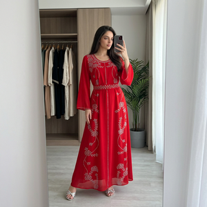 Vestido de Fiesta Musulmán Estilo Festivo Rojo Floral con Cinturón de Chifón y Manga Larga para Eid, Banquete, Exhibición Premium - Product Image 1