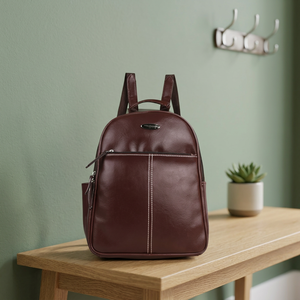 Women Genuine <b>Leather</b> <b>Backpack</b> Classic Style Zipper Closure Panelled Design Shoulder Strap Daily Use Brown Color - Product Image 1