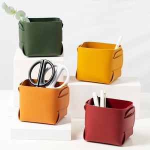 PU Storage Box Square Desktop Organizer Solid Color Office Cosmetic Remote <b>Control</b> <b>Holder</b> - Product Image 1