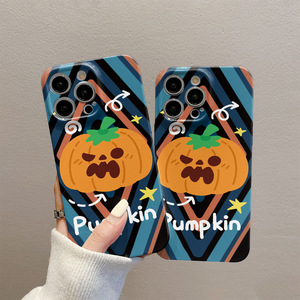 Custodia per telefono Halloween con simpatica zucca arrabbiata, rigida, antiurto, con strisce geometriche retrò, per iPhone 16 15 14 Pro Max - Product Image 4