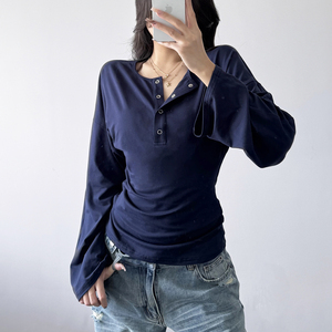 T-shirt pour femme à manches longues en tricot décontracté, couleur unie minimaliste, écologique, respirant, col rond, automne - Confortable et élégant - Product Image 3