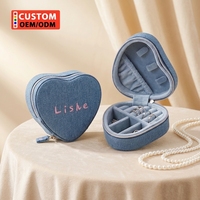 Boîte de rangement à bijoux portable en tissu denim personnalisable en forme de cœur avec fermeture éclair, mini étui de présentation pour femme