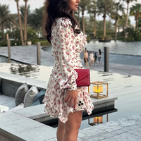 Robe Courte d'Été Décontractée en Satin à Fleurs, Boutonnée, Froncée, Taille Haute Cintrée, Manches Longues Bouffantes pour Femmes - Collection 2026