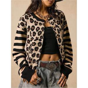 Cárdigan de Mujer Personalizado con Estampado de Leopardo, Estilo Y2K, Rayas, Botones, Manga Larga, Cuello Redondo, Bloques de Color, Top Moderno - Product Image 4