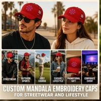 Gorra Trucker de Gamuza Roja con Logotipo Personalizado OEM ODM, Bordado Mandala, Visera Curva, Malla, Cierre a Presión, Venta al por Mayor de Fábrica, MOQ Bajo, DDP