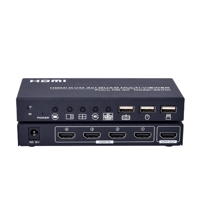 FJGEAR 4-Screen KVM Video Splitter | Quad Multi-Viewer for 4K/HD Sources with Integrated USB KVM Switch Front Hotkey Switching