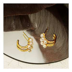 Orecchini a cerchio con perline in argento <span class=keywords><strong>925</strong></span> alla moda con perla a forma di C, squisiti gioielli raffinati per feste quotidiane, regali alla moda in oro - Product Image 3