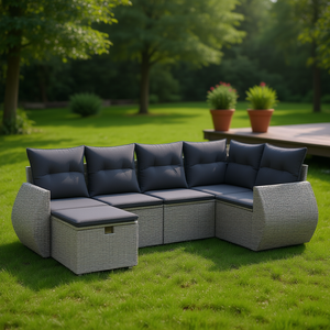 Ensemble de canapés de jardin modulaires en polyrotin gris, mobilier d'extérieur, design élégant et spacieux, coussins en mousse haute densité, résistant aux UV, PE - Product Image 2