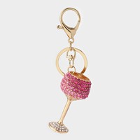 Porte-clés en alliage de zinc avec strass et cristal, en forme de verre à vin et de gobelet, élégant, 3D, breloque de sac, pendentif de sac à main, cadeau pour femmes et filles