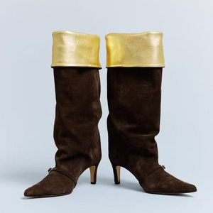 Big Size 45 Women Suede <b>Long</b> Boots Low Heels Pointed Toe Front Buckle Knee High Booties Pleated Loose Upper on Shoes - Product Image 5
