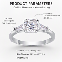 Bague de fiançailles pour femme en argent sterling 925 avec moissanite taille coussin 1 carat et trois pierres en zircone cubique taille baguette conique