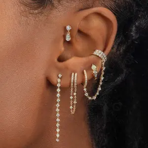 Gemnel Delicate Zircon Link Chain Earring 2 Double Impact Diamond Huggies Hoop Earring