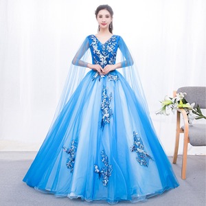Evening Gown Royal Blue V Neck Floral Embroidery Tulle Empire Waist Formal Dress For Banquet And Annual Meeting - Product Image 1