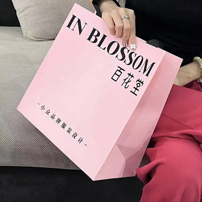 2024 Disposable Pink paper bag custom printed logo white food carrier packing Pink paper bags for food takeaway