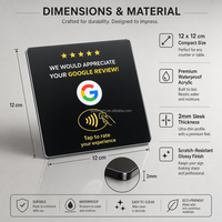 Carte de commentaires Google personnalisée en acrylique noir 12x12cm, 2mm, avec grande puce NFC 80x50mm pour un tap instantané pour évaluer, idéale pour les entreprises et les cafés
