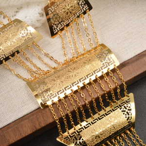 18k gold vintage anti tarnish fringe <b>chain</b> trapezoid hollow carved panel oversized durable fashion plated necklace - Product Image 4