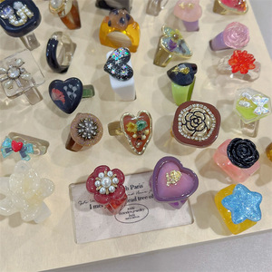 Cincin Akrilik Luoyan untuk Wanita, Perhiasan Menawan untuk Pesta, Hadiah, Cincin Plastik Berwarna Resin Motif Riak Air Geometris - Product Image 2