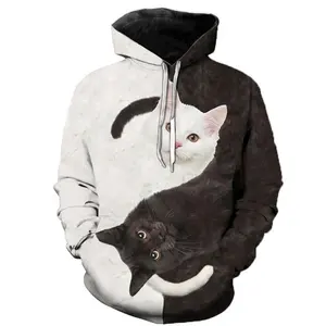 2023 fall and winter new black cat 3D digital printing men's hooded sweatshirt foreign trade men's hoodie