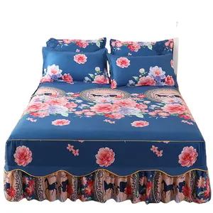 Yatak etek seti çift katmanlı yatak örtüsü çiçek baskılı yatak çarşafı çift taraflı yatak etek + 2 adet yastık kılıfı çarşaf V045-1