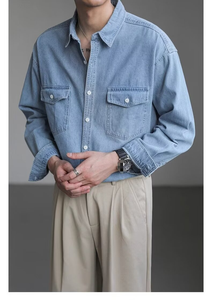 Camicia in Denim Casual di Alta Qualità Primavera 2026, Taglie Forti, per Uomo, con Colletto e Doppia Tasca, Maniche Lunghe - Product Image 2