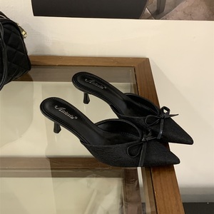 Mules de Encaje con Punta en Pico para Mujer, Tacones Bajos Cómodos con Lazo, Elegantes Zapatos de Vestir para Oficina, Sandalias, Pantuflas - Product Image 2