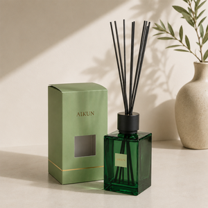 Aikun 2200ml Sticker Label Logo Window Box Custom Scent Long Lasting 30pcs MOQ OEM Green Square Glass <b>Reed</b> <b>Diffuser</b> Gift Set - Product Image 1