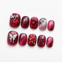 Faux Ongles Carrés en Acrylique pour Halloween, Rouge Vin, Effet Œil de Chat Gothique, Papillon 3D, Araignée, Décoration Strass, Vente en Gros