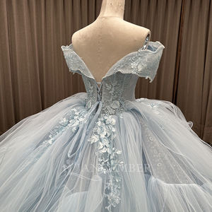 Vestido de Fiesta de Quinceañera Azul Cielo, Estilo Princesa, con Cuentas, Flores 3D, Cola de Capilla, Modelo LSMC53 - Product Image 4
