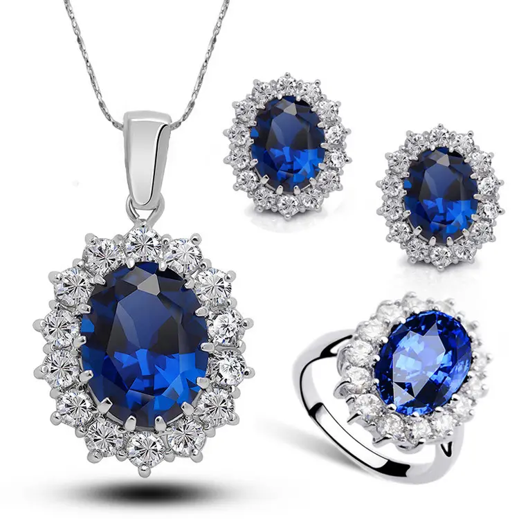 New Arrival Women Multi Colors 925 Sterling Silver Plated Crystal Blue Cubic Zircon Pendant Necklace Jewelry Sets