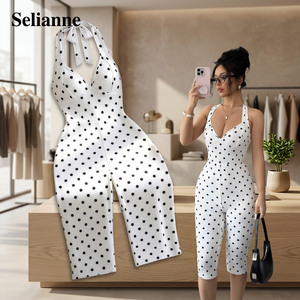 จั๊มสูทขาสั้นลายจุดสีขาวดำแบบรัดรูปคอ halter สำหรับผู้หญิง ยี่ห้อ Selianne เอวสูง เหมาะสำหรับงานปาร์ตี้ - Product Image 2