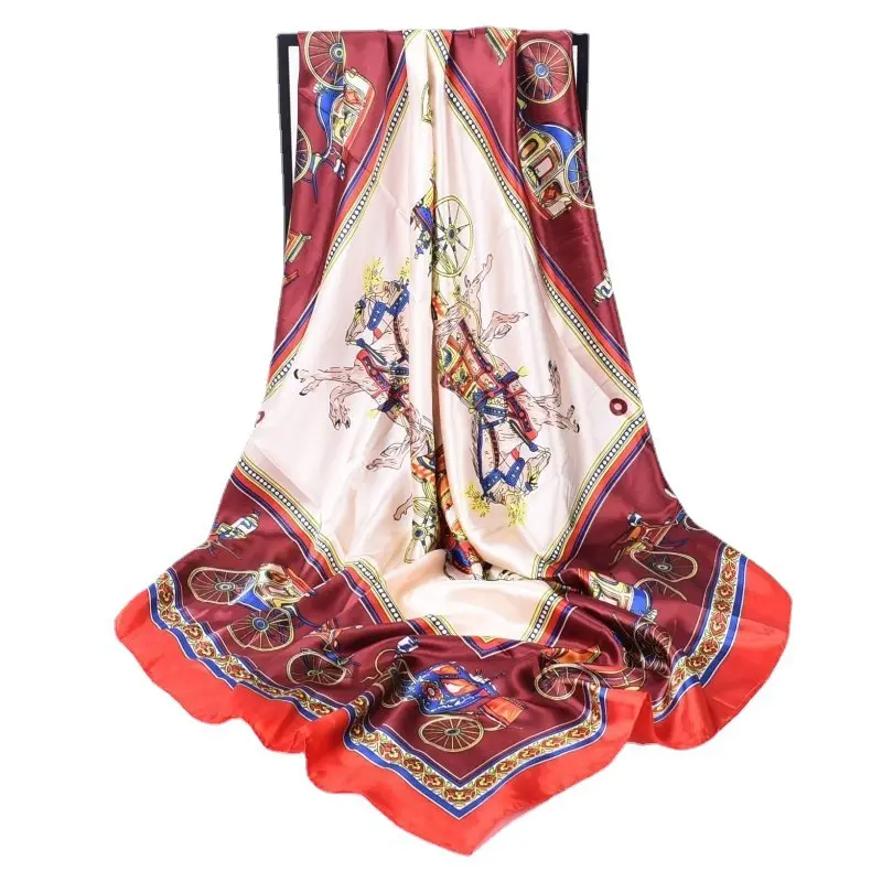 DOMOHO 90cm Square Ladies Silk Shawl European and American Style Satin Printed Muslim Bandana Scarf Hijab Caps