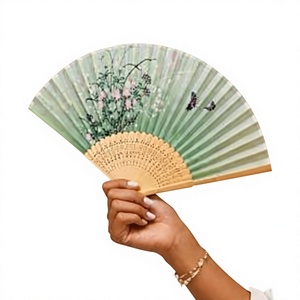Éventail pliant moderne en bambou peint à la main avec motif floral et papillons, accessoire décoratif artistique pour mariage - Product Image 1