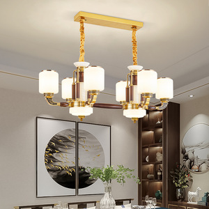 Lámpara de araña de madera maciza de estilo chino con detalles de jade y cobre para sala de estar y comedor, LED E27, colgante de múltiples cabezales - Product Image 3