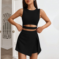 Ensemble 2 pièces tendance pour femme : débardeur tricoté sans manches couleur unie et jupe courte moulante décontractée pour le yoga – Collection été très prisée