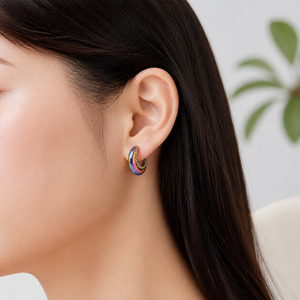 Textured <b>C</b> Hoop Earrings Stainless Steel Iridescent Multicolor Look with Beaded Edge and Diagonal Surface Detail - Product Image 5