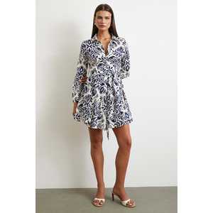 เดรสเชิ้ตลายโกเดลี สีกรมท่า คอปก ผ้าทอลายดอกไม้ ระบายอากาศได้ดี ชุดลำลองสำหรับใส่ทุกวัน - Product Image 5