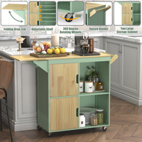 Chariot de cuisine en gros d'usine, chariot de rangement de cuisine roulant vert en bois avec porte-serviettes et comptoir de feuilles tombantes