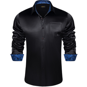 <span class=keywords><strong>Camicia</strong></span> da <span class=keywords><strong>uomo</strong></span> in <span class=keywords><strong>raso</strong></span> nero tinta unita con perline, colletto e polsini blu paisley, elegante casual, a maniche lunghe. - Product Image 1