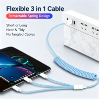 Câble de charge USB rétractable tressé à ressort spiralé de 1,5 m avec connecteurs multiples pour voiture et téléphone portable, usage quotidien
