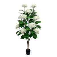 Arbre d'hortensia artificiel de 1,5 m, fleurs blanches en boules, plante artificielle en soie avec pot noir pour la décoration de mariages, fêtes, hôtels et boutiques