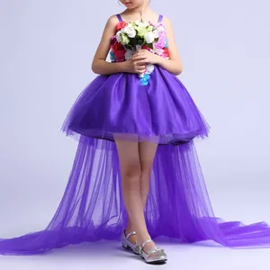 热婴儿工装设计图片女孩公主花紫色婚礼连衣裙儿童薄纱长拖尾礼服5-12岁