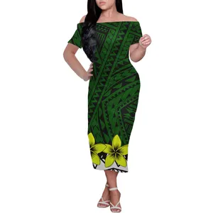 Thương Hiệu Mới Đến Màu Xanh Lá Cây Plumeria Gowns Polynesia Thiết Kế Bộ Lạc In Ấn Tùy Chỉnh Siêu Mềm Thanh Lịch Nửa Vai Dresses