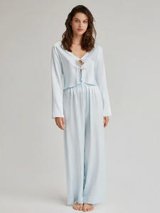 ชุดนอนผ้าไหมเทียมสีฟ้าอมแอปริคอตแบบเรียบง่ายสำหรับฤดูร้อน ชุดนอนเซ็กซี่นุ่มสบายสำหรับผู้หญิง - Product Image 2