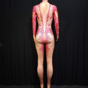 Barboteuse de luxe en Rose pour femmes, combinaison de <span class=keywords><strong>danse</strong></span> ornée de diamants rouges, vêtements de fête sexy, costume de scène - Product Image 6