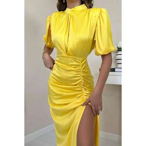 Robe fourreau en satin jaune à col montant, froncée, avec fente latérale, taille naturelle, couleur bonbon, robe de mariée - Product Image 1