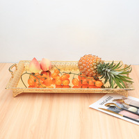 Gouden Licht-Luxe Vintage Verzilverd Metalen Dienblad Rechthoekig Uitgehold Theeblad Fruitplateau Woonkamer Thuisopbergruimte