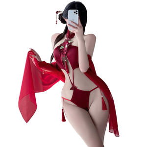 高品质热辣性感内衣复古立领中国结纽扣露背紧身衣薄纱披肩情色服装套装4313 - Product Image 4